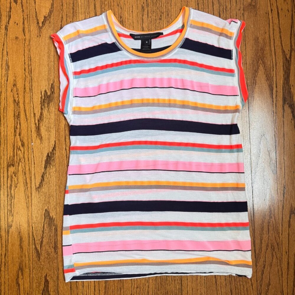 Marc by Marc Jacobs Multicolor Striped Muscle Tee — Pink, Navy, Yellow & Coral